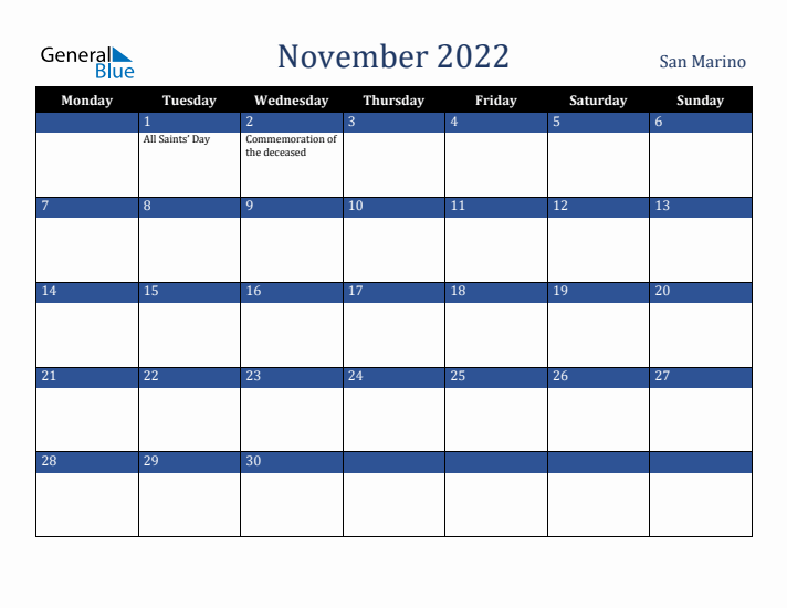 November 2022 San Marino Calendar (Monday Start)