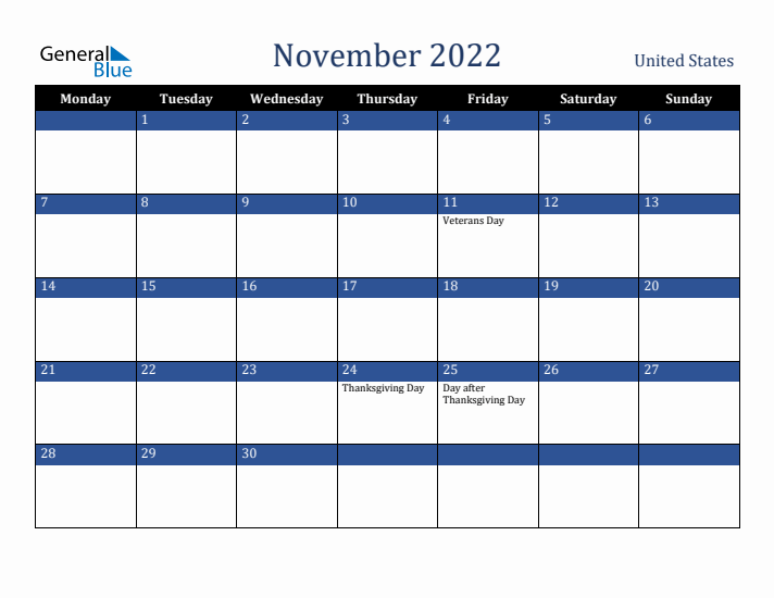 November 2022 United States Calendar (Monday Start)