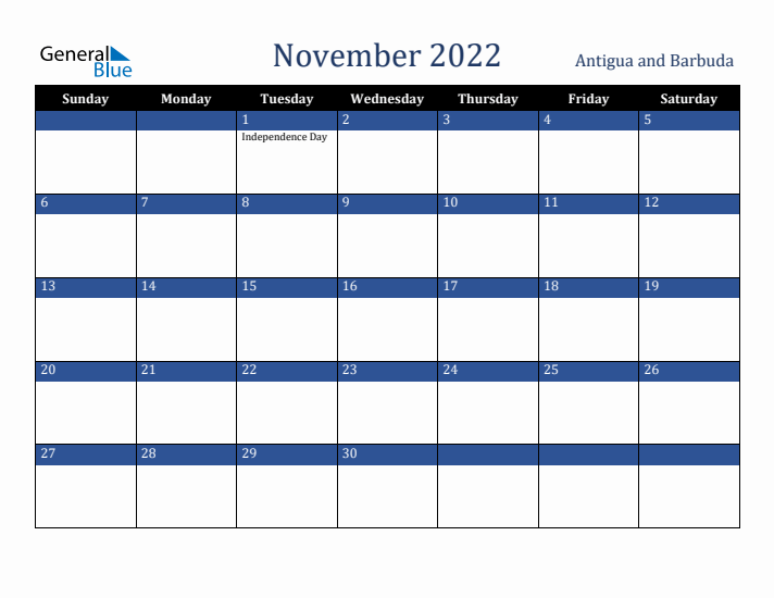 November 2022 Antigua and Barbuda Calendar (Sunday Start)