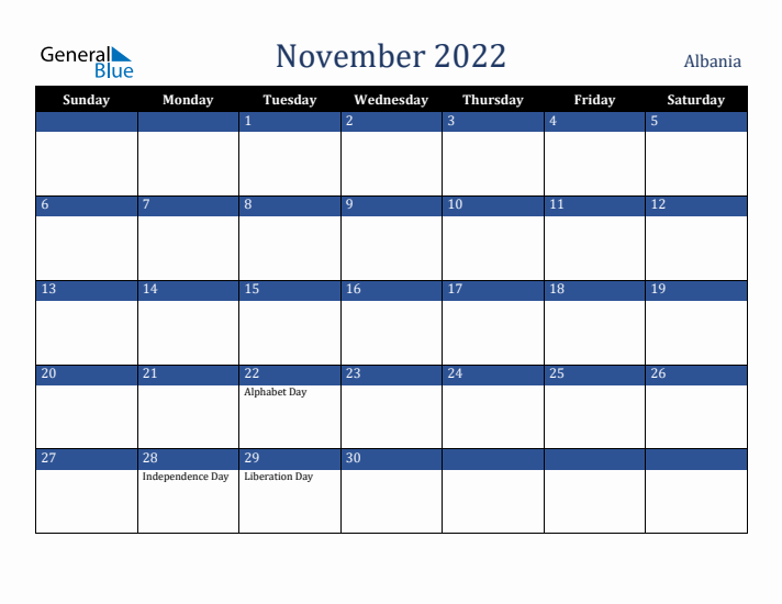 November 2022 Albania Calendar (Sunday Start)