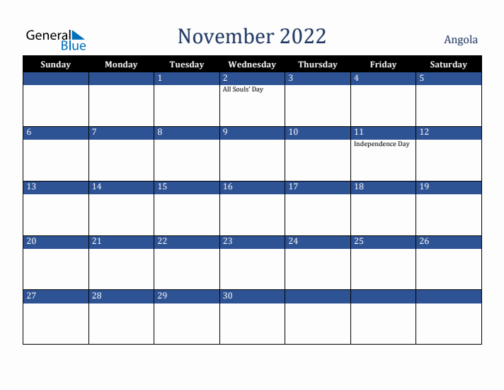 November 2022 Angola Calendar (Sunday Start)