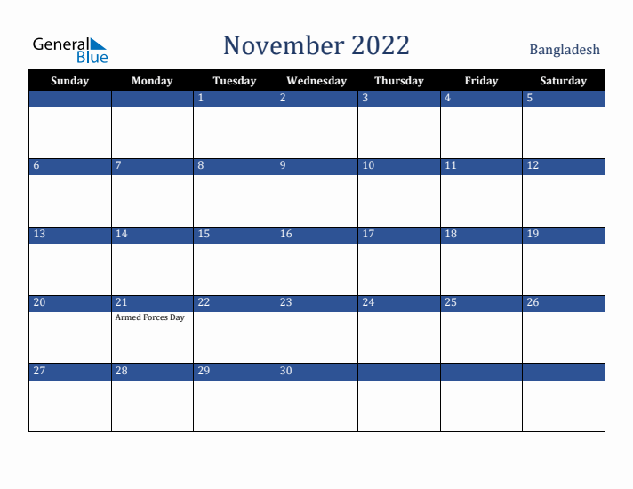 November 2022 Bangladesh Calendar (Sunday Start)