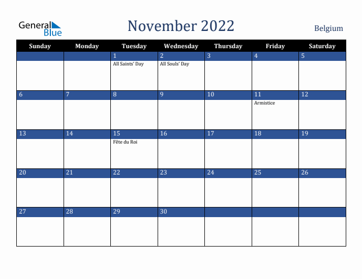 November 2022 Belgium Calendar (Sunday Start)
