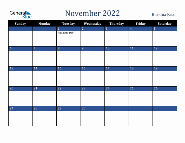 November 2022 Burkina Faso Calendar (Sunday Start)