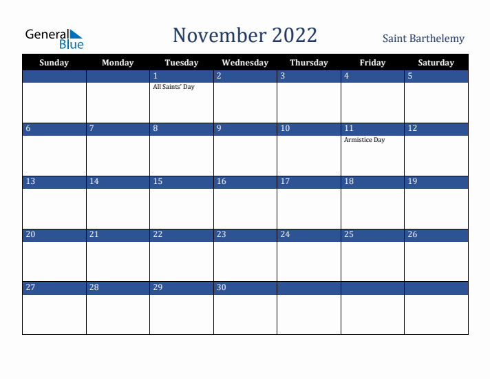 November 2022 Saint Barthelemy Calendar (Sunday Start)
