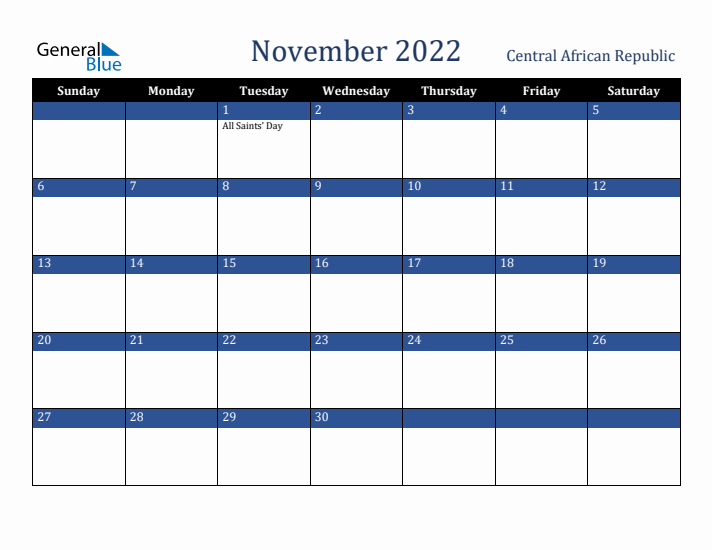 November 2022 Central African Republic Calendar (Sunday Start)