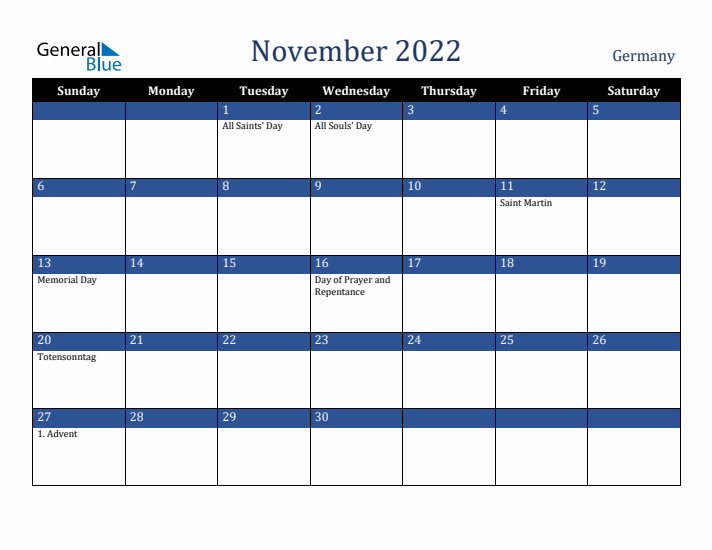 November 2022 Germany Calendar (Sunday Start)