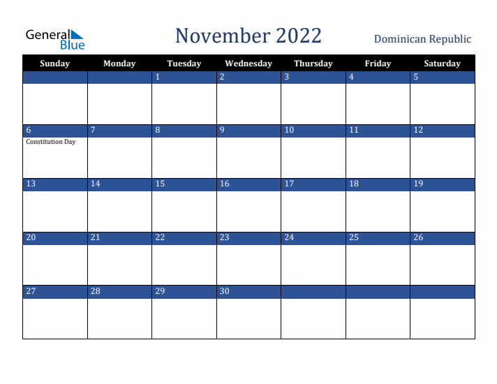 November 2022 Dominican Republic Calendar (Sunday Start)