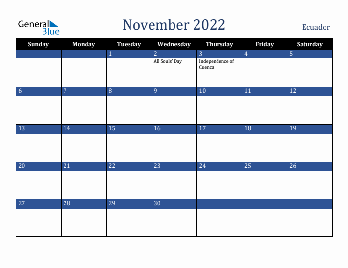 November 2022 Ecuador Calendar (Sunday Start)