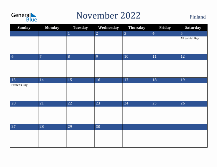 November 2022 Finland Calendar (Sunday Start)