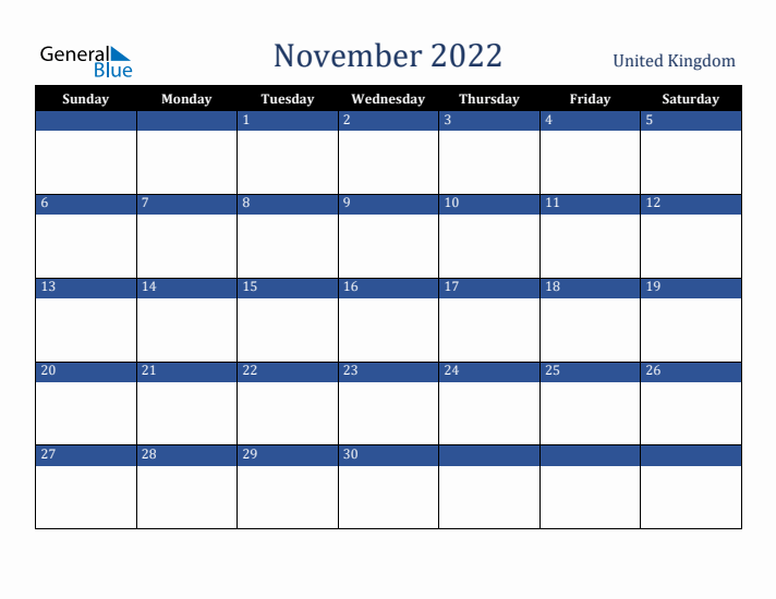 November 2022 United Kingdom Calendar (Sunday Start)