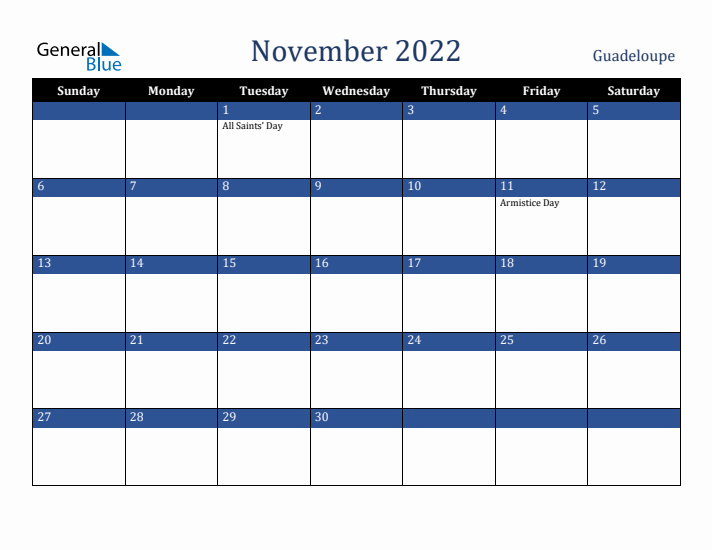 November 2022 Guadeloupe Calendar (Sunday Start)