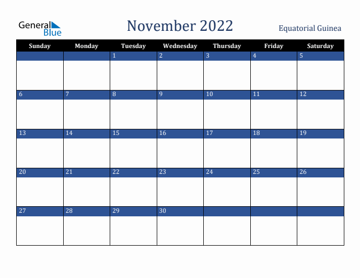 November 2022 Equatorial Guinea Calendar (Sunday Start)