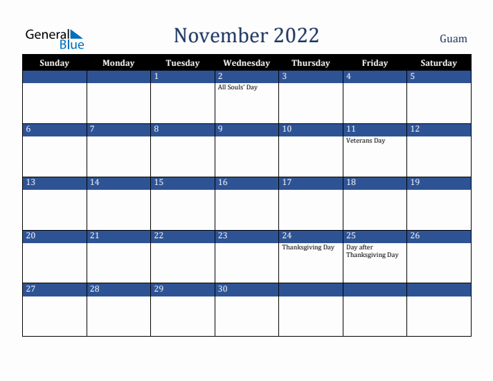 November 2022 Guam Calendar (Sunday Start)