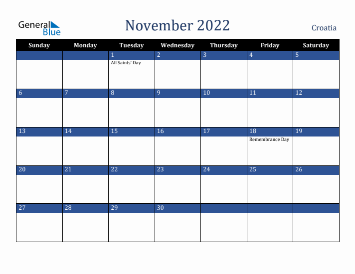 November 2022 Croatia Calendar (Sunday Start)