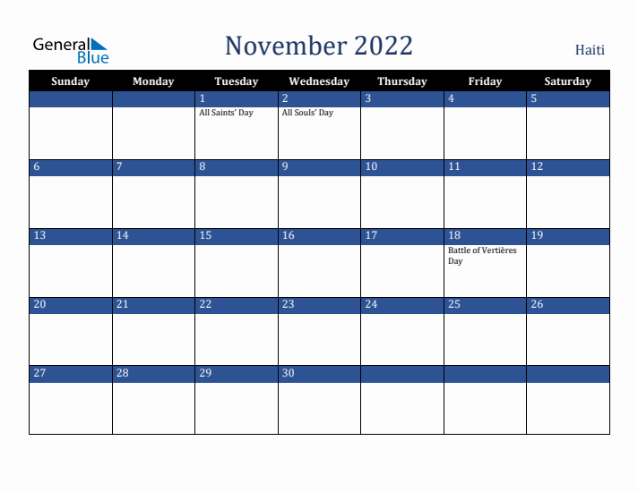 November 2022 Haiti Calendar (Sunday Start)