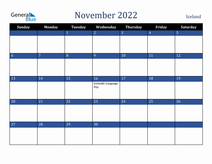 November 2022 Iceland Calendar (Sunday Start)