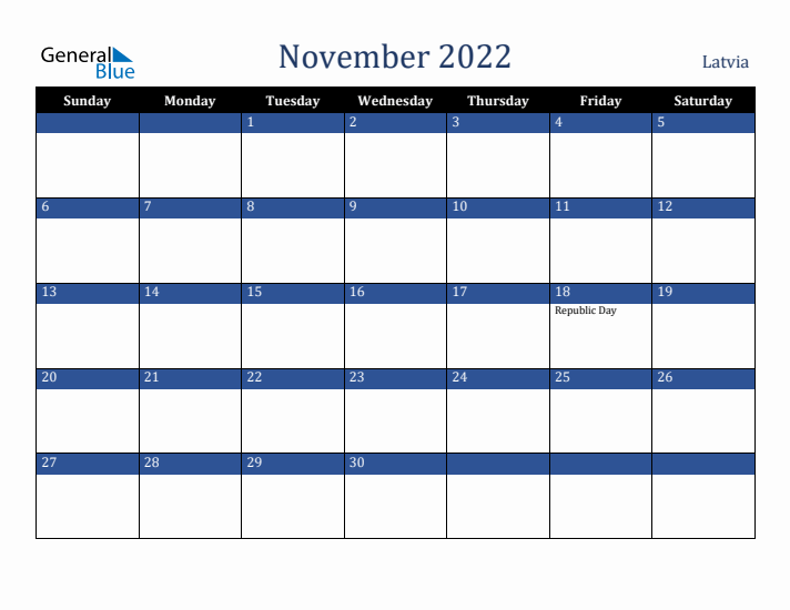 November 2022 Latvia Calendar (Sunday Start)