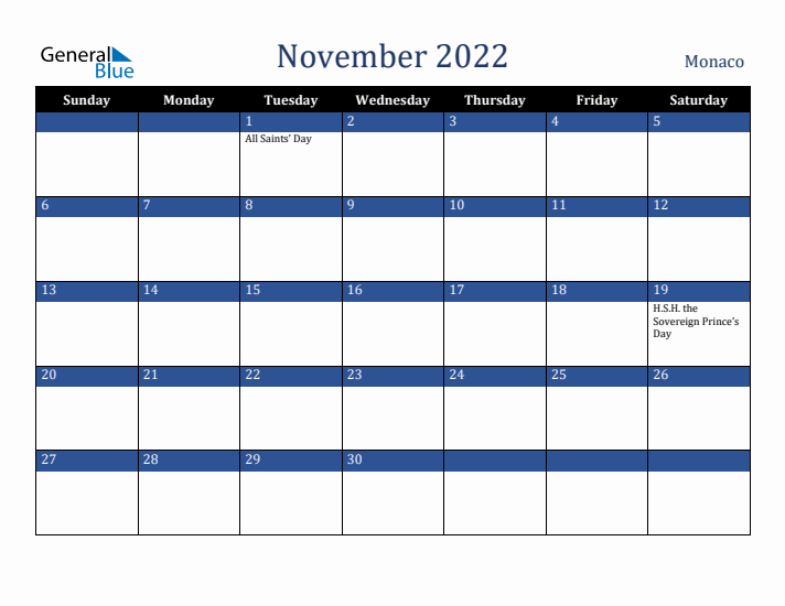 November 2022 Monaco Calendar (Sunday Start)