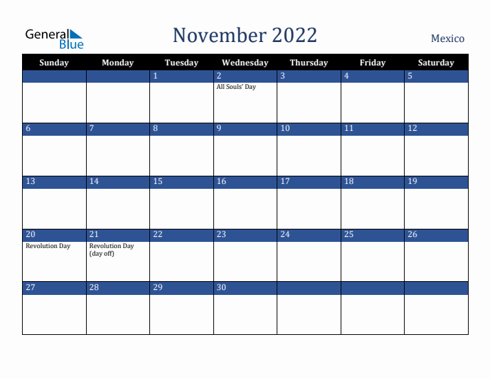 November 2022 Mexico Calendar (Sunday Start)