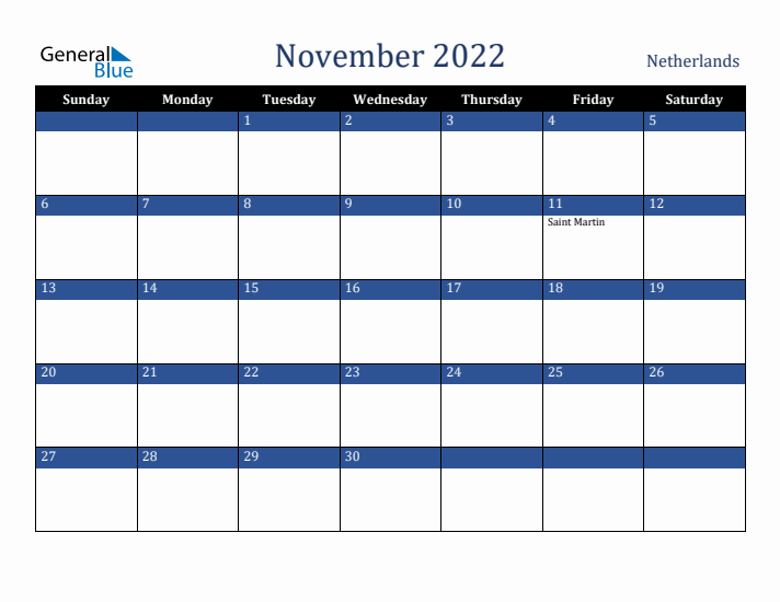 November 2022 The Netherlands Calendar (Sunday Start)