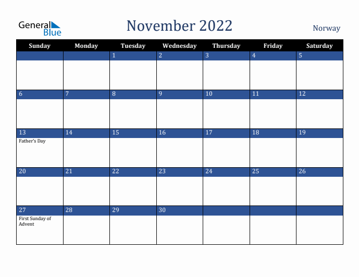November 2022 Norway Calendar (Sunday Start)