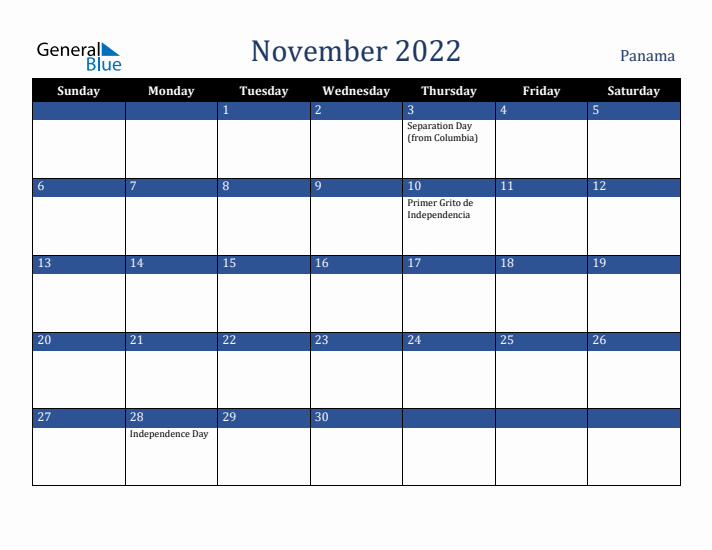 November 2022 Panama Calendar (Sunday Start)