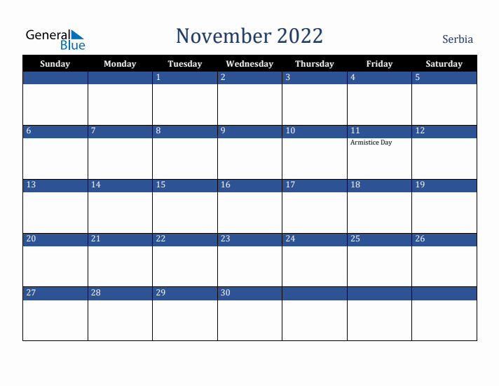 November 2022 Serbia Calendar (Sunday Start)