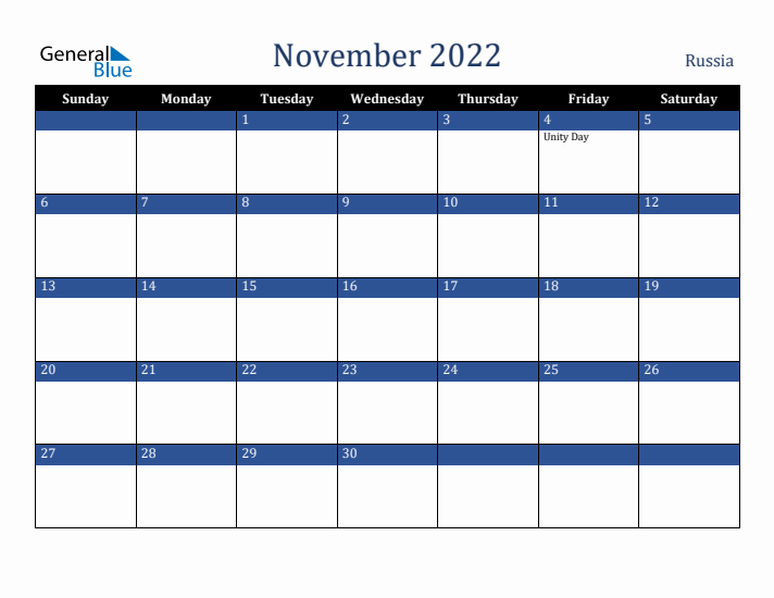 November 2022 Russia Calendar (Sunday Start)