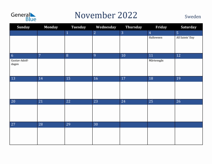 November 2022 Sweden Calendar (Sunday Start)