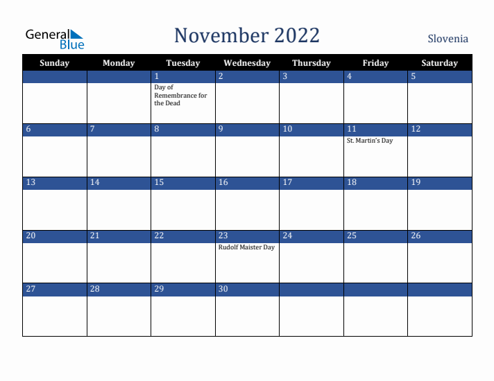 November 2022 Slovenia Calendar (Sunday Start)
