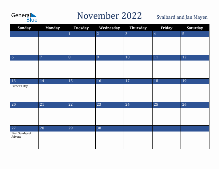 November 2022 Svalbard and Jan Mayen Calendar (Sunday Start)