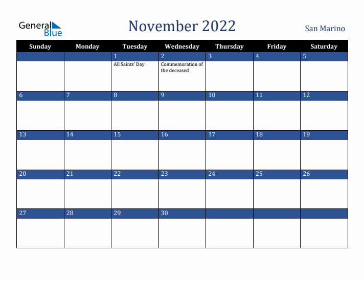 November 2022 San Marino Calendar (Sunday Start)