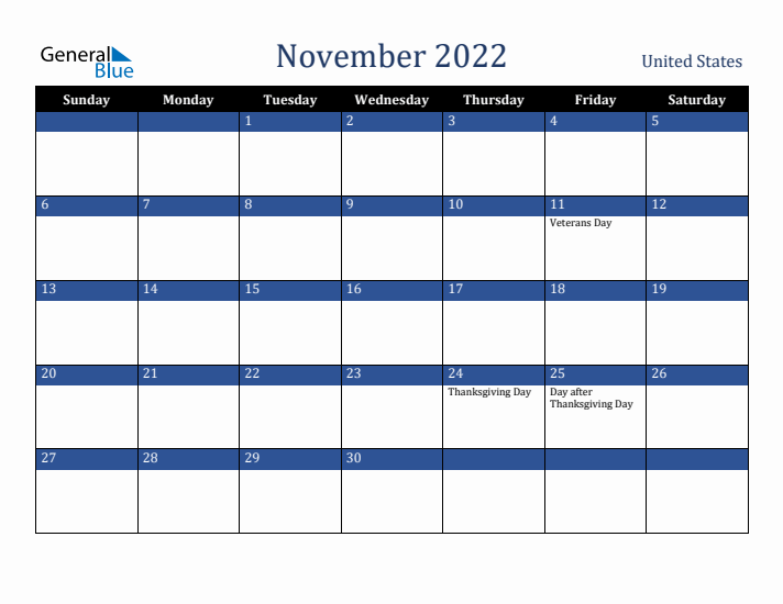 November 2022 United States Calendar (Sunday Start)