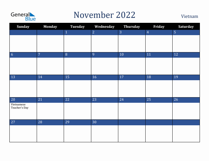 November 2022 Vietnam Calendar (Sunday Start)