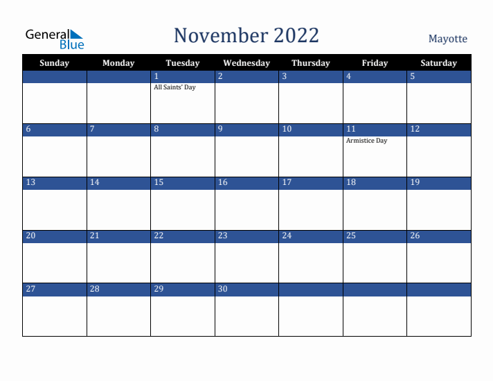November 2022 Mayotte Calendar (Sunday Start)