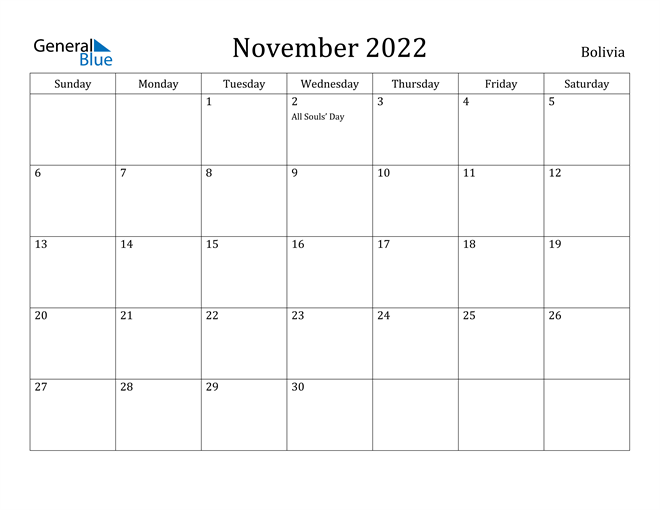 Bolivia November 2022 Calendar With Holidays