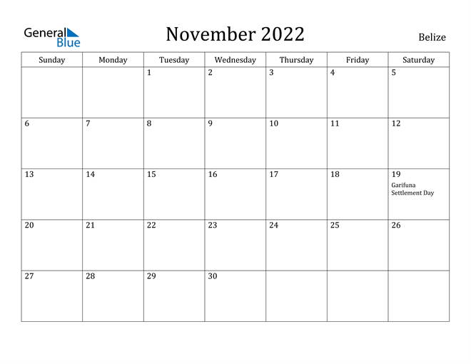 November 2022 Calendar Belize