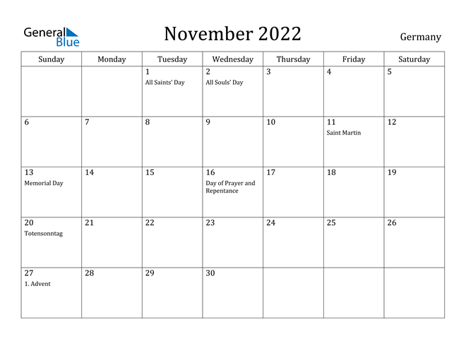 Germany November 2022 Calendar With Holidays
