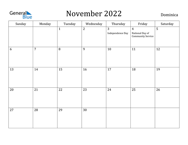November 2022 Calendar Dominica
