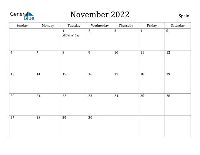 Spain November 2022 Calendar With Holidays