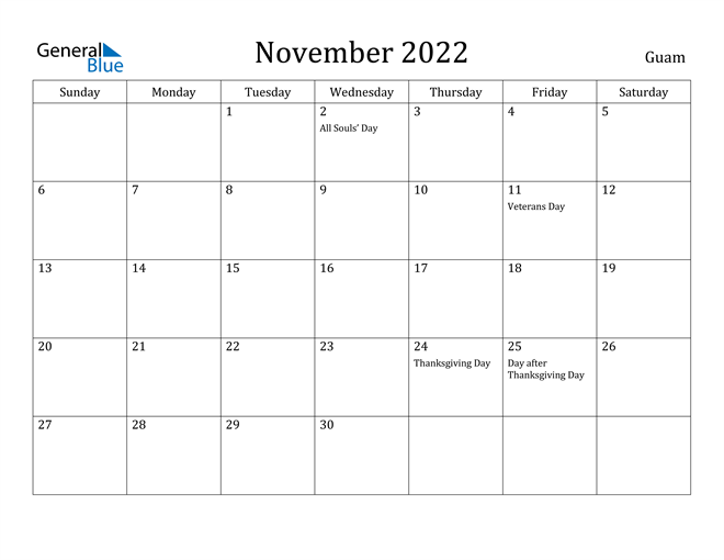 guam november 2022 calendar with holidays