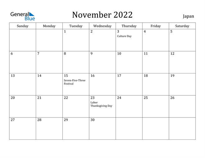 Thanksgiving 2022 Calendar Japan November 2022 Calendar With Holidays