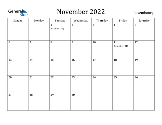 November 2022 Calendar With Holidays Luxembourg November 2022 Calendar With Holidays