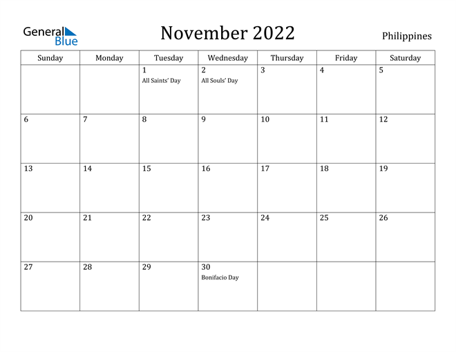Novemebr 2022 Calendar Philippines November 2022 Calendar With Holidays