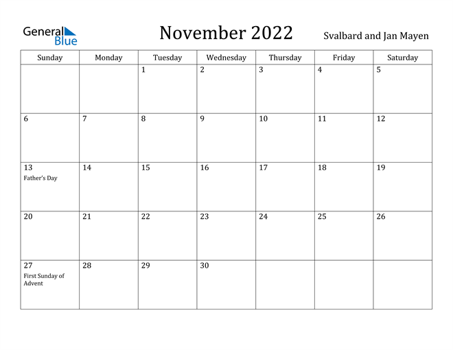 Nov 2022 Calendar Svalbard And Jan Mayen November 2022 Calendar With Holidays