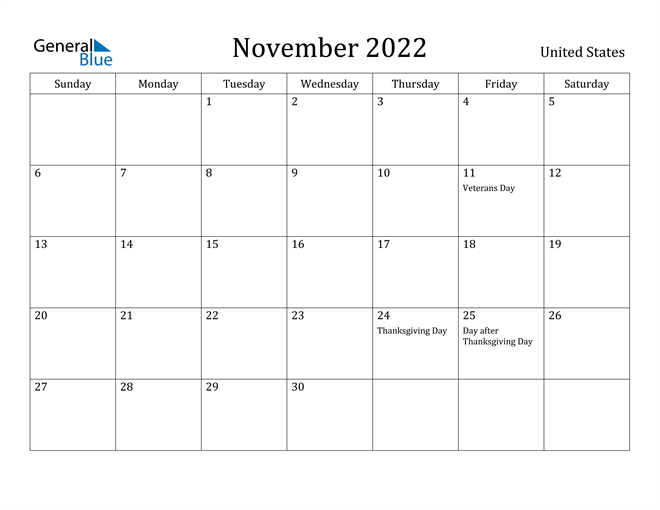 Nov 2022 Calendar With Holidays United States November 2022 Calendar With Holidays