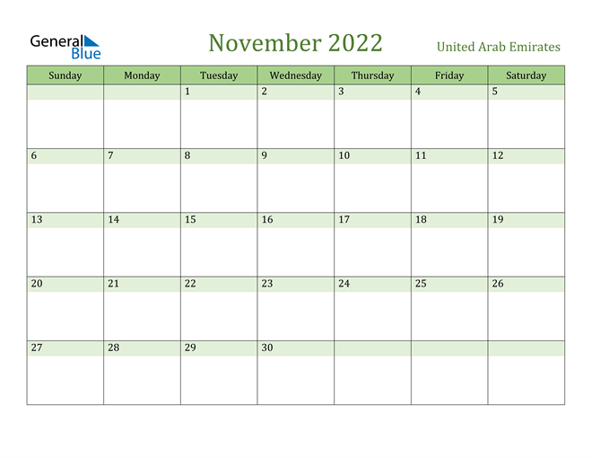 November 2022 Calendar with United Arab Emirates Holidays