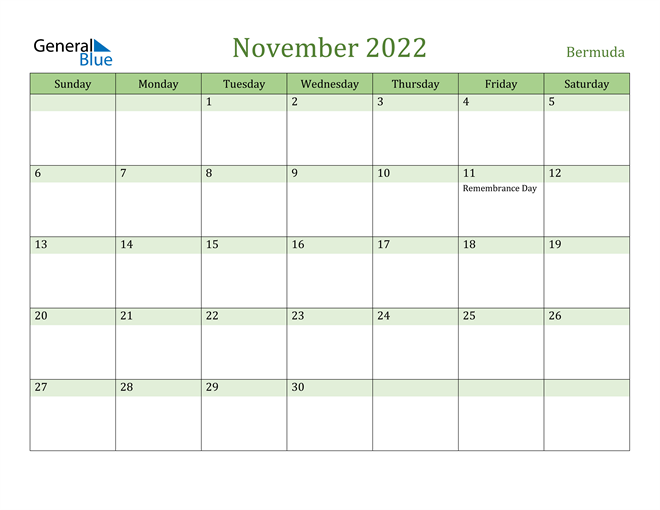 November 2022 Calendar with Bermuda Holidays