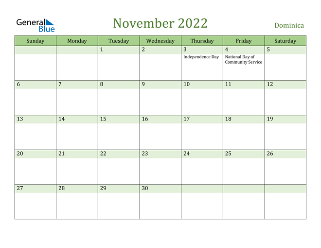 November 2022 Calendar with Dominica Holidays